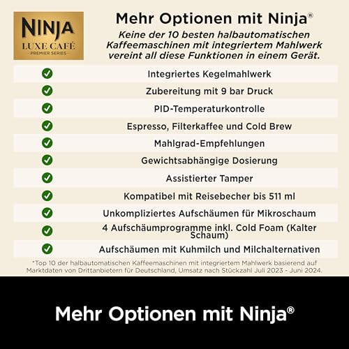 Ninja Luxe Premier 3-in-1 Kaffeemaschine, für Espresso, Cold Brew & Filterkaffee, 4 automatische Schaumeinstellunge, Grau-Metall, ES601EUGM