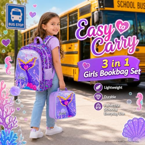 Image of 16 inch Mermaid Backpack for Girls, 3Pcs Kids Fish Tail Backpacks with Lunch Box, School Bookbag for Elementary Preschool Kindergarten(Purple)