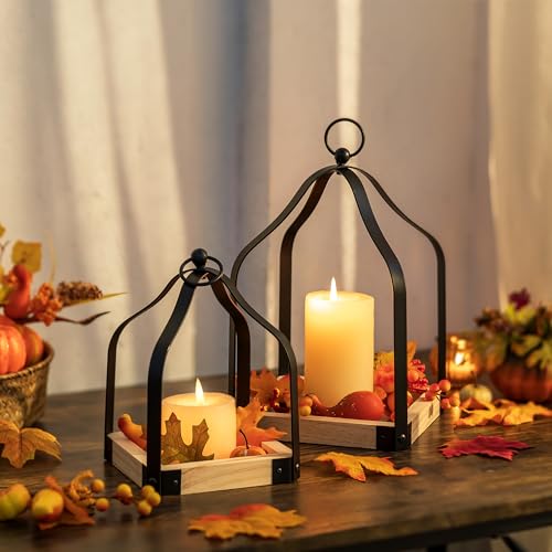 Romadedi Farmhouse Candle Lantern Decorative: Set of 2 Rustic Wood