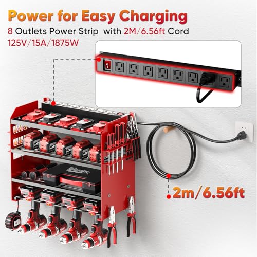 POKIPO Power Tool Organizer Wall Mount with Charging Station,Tool Storage Rack with 8 Outlet Power Strip,Heavy Duty Metal Battery Utility Rack with 4 Cordless Drill Holder 6.56 Ft Cord for Garage - Thumbnail 2