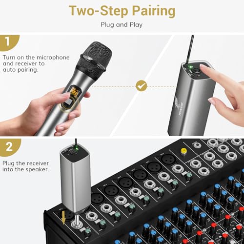 TONOR Wireless Microphones, UHF Dual Cordless Metal Dynamic Mic System with Rechargeable Receiver, for Karaoke Singing, Wedding, DJ, Party, Speech, Church, Class Use, 200ft TW630 Silver - Image 5