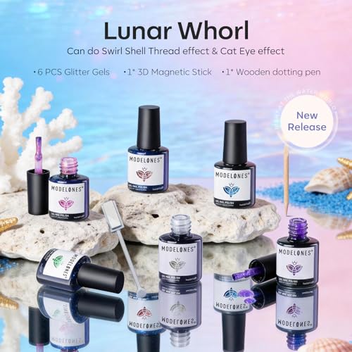 Image of modelones Cat Eye Gel Nail Polish Set, 6 Colors 2026 Summer Shimmer Pearl Magnetic Nail Drawing Set with Magnet, Iridescent Mermaid Swirl Shell Thread Purple Pink Blue Green Coral Glitter DIY Gift