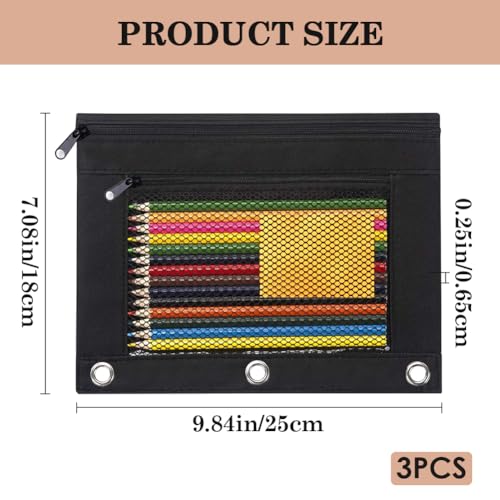 CRASPIRE 3Pcs Zippered Pencil Pouches for 3 Ring Binder Black Pen Case Cloth Zipper Pencil Pouch Case for Binder Zipper Pencil Bag for School Office Supplies Writing Utensils - Image 2