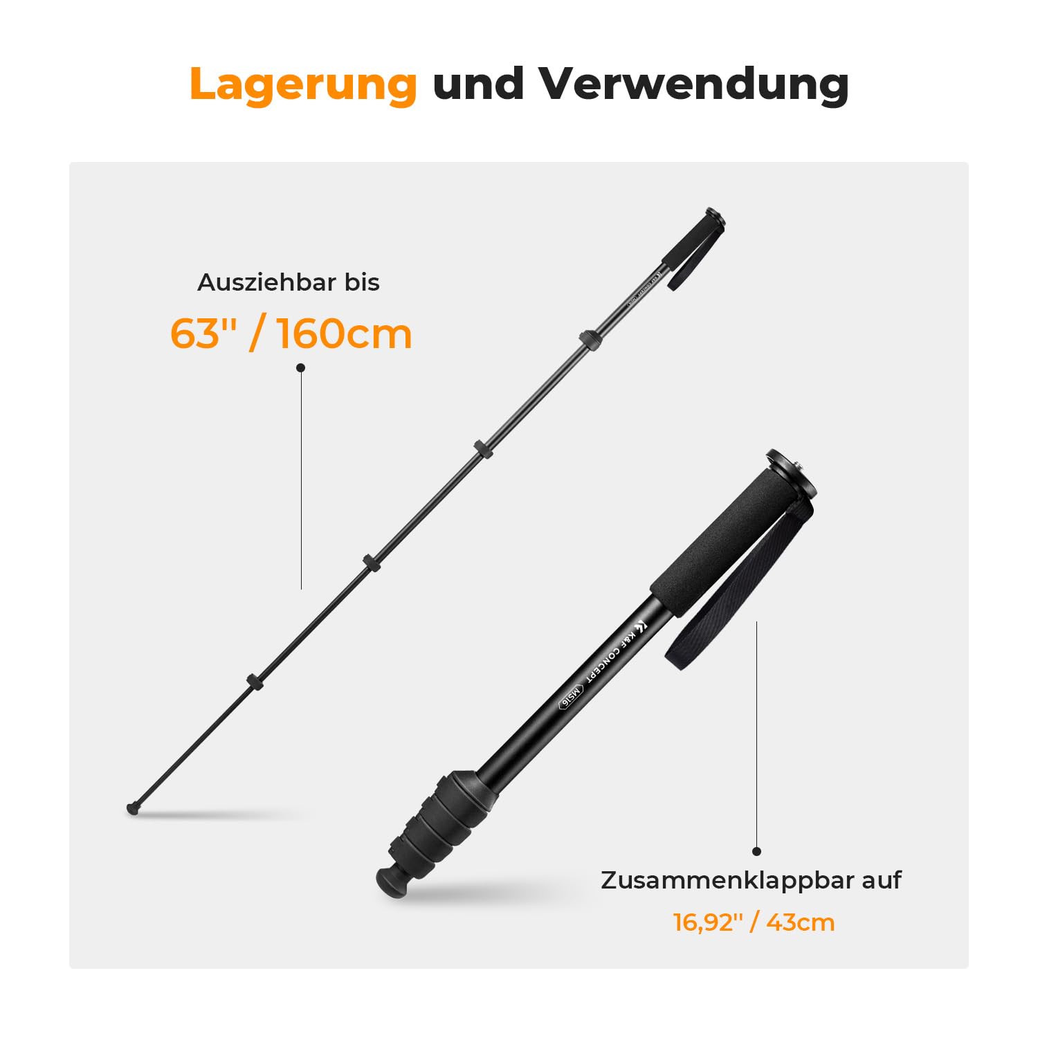 K&F CONCEPT MS16 Einbeinstativ, 63 Zoll Monopod,Stabiles Aluminium-Einbeinstativ mit 5 Sektionen,160cm Reiseeinbeinstativ für DSLR, DSLM und Kompaktkameras,Mit Handschlaufe