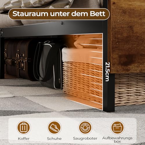 DICTAC Bett 90x200cm mit LED Beleuchtung, Metallbett mit Steckdose und USB-Ladefunktion, Bettgestell 90x200 Einzelbett mit Holzkopfteil Stauraum, Bettrahmen mit Lattenrost und Stauraum unter dem Bett