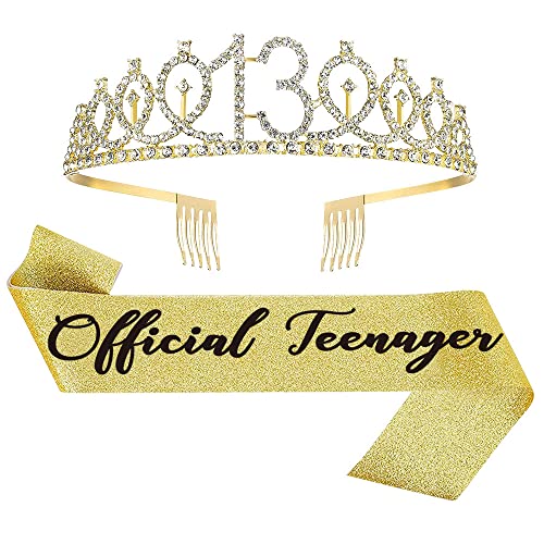 Topfunyy 13th Birthday Tiara and Sash Set - Teenager Sash Gold Crystal Crown Gift for Girls 13th Birthday Party Supplies