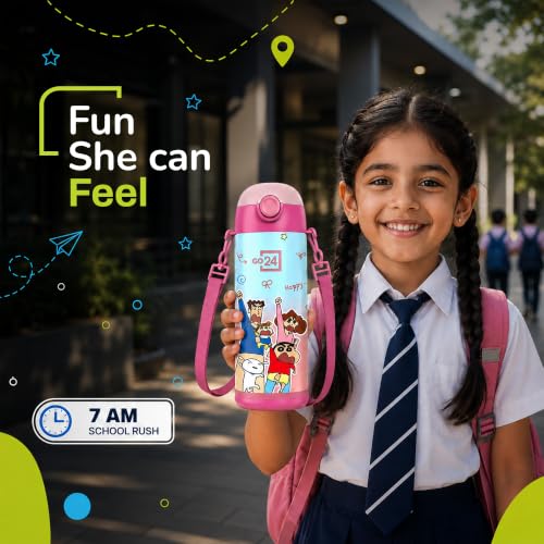 Image of Go24 pexpo Crayon Shinchan ISI Certified Stainless Steel Water Bottle for School Kids - 300ml | Hot & Cold Vacuum Insulated Flask|Leak Proof | Carry Strap | School, Picnic, Sports - Pink Nohara Family