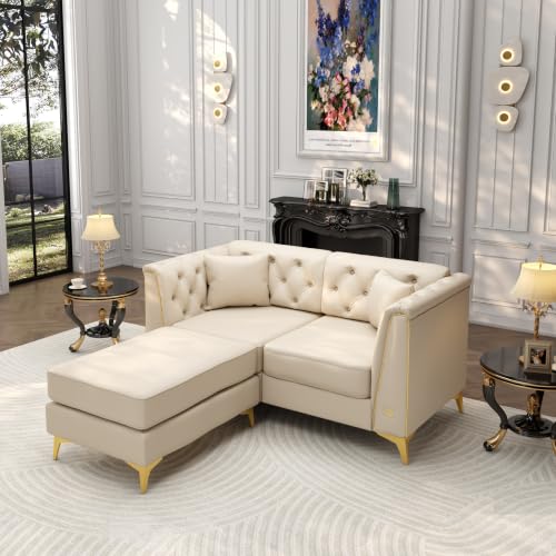 Image of KEIKI 62 inch Faux Leather Chesterfield Sofa with Handmade Button Tufted, Beige
