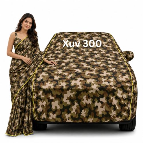 Image of 100% Waterproof Car Cover for Xuv 300 All Weather Protection with Mirror Pocket Inner Cotton Layer Triple Stitched Cover with Adjustable Belt Bottom Elastic to Secure Fit-Jungle