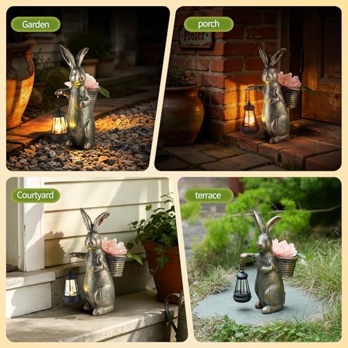Mantaoilfe 9.84" Resin Bunny Statue with Lantern & Flower Basket, Rustic Rabbit Garden Decor, Perfect for Garden, Patio, Porch, Rabbit Figurine for Mom, Dad, Family, Housewarming Gift — view 4