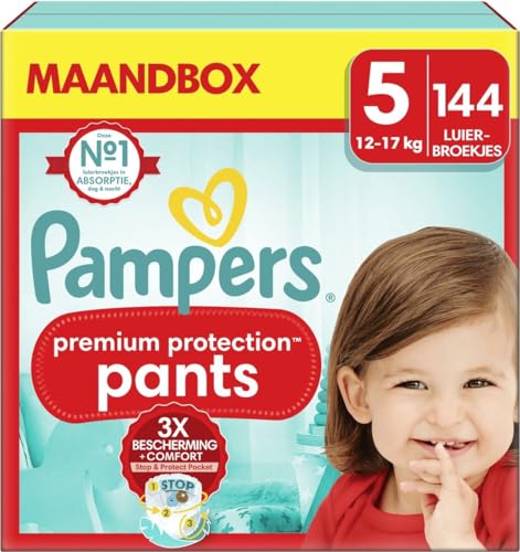 Pampers Premium Protection Pants Size 5, 144 Nappies, 11 kg - 17 kg, with 360° Fit and 2 x Wider Cuffs Than Before for Our Best Comfort and Protection