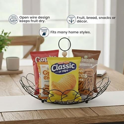 Image of Go Hooked Fruit Storage Basket for Kitchen Counter 27cm | Metal Wire Organizer Basket with Detachable Wooden Handle | Multipurpose Storage for Fruits & Vegetables | Rust Resistant Iron Shelf Basket