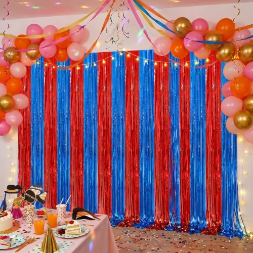 Image of 2Pack Red Blue Metallic Tinsel Foil Fringe Curtains, Blue Door Streamers Photo Booth Backdrop for Birthday Party, Tinsel Curtain Backdrop for Baby Shower Bachelorette Xmas Party Decorations