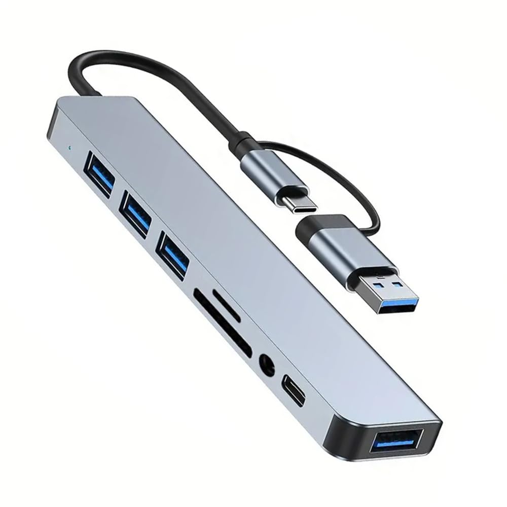 USB C Hub for Laptop, EFFIET 8 in 1 USB 3.0 Hub, with 5 Ports TF/SD Card Reader, DC Port Splitter for PC, Extender for PC Laptop, MacBook iMac Air, Aluminum