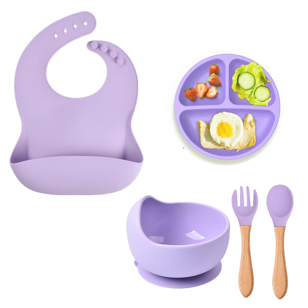 Pritzker Silicone Baby Feeding Set, Toddler Divider Plate & Bowl with Suction, BPA Free Baby Tableware Set with Adjustable Soft Silicone Bib & Utensils (Purple)