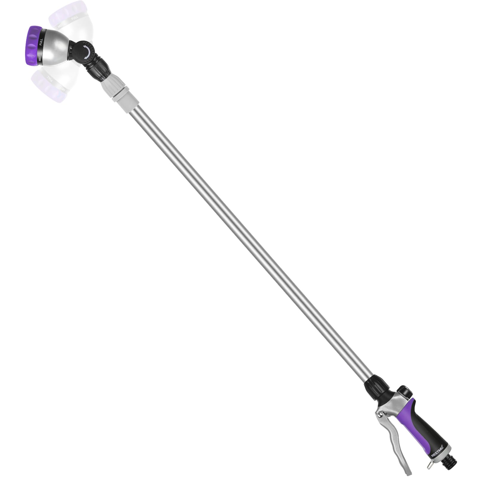 RESTMO 91–152 cm Metal Watering Wand, Long Telescopic Tube | 180° Adjustable Ratcheting Head | 7 Spray Patterns | Flow Control, Garden Hose Sprayer to Water Hanging Baskets, Shrubs, Purple