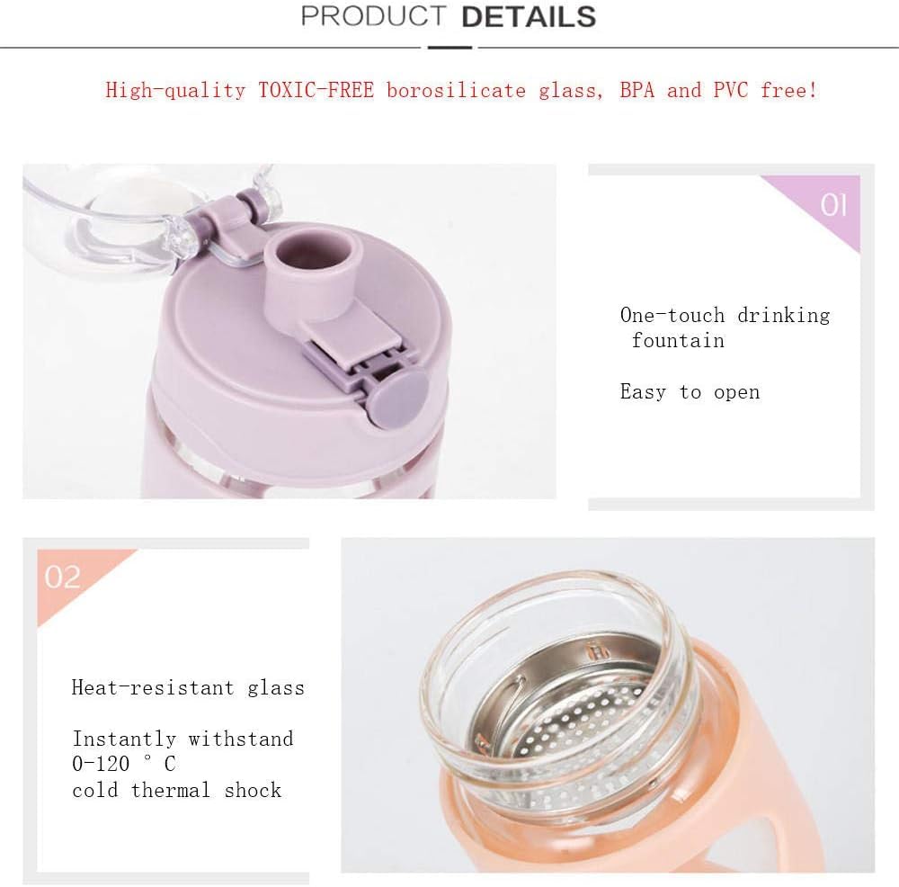 Bouteille d'eau en verre avec manchon en silicone antidérapant, double bouche, anti-fuite, sans BPA, respectueuse de l'environnement, idéale pour l'école, la maison, le bureau, les voyages, le sport