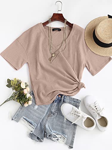 Merokeety Women's V Neck Batwing Half Sleeve Shirts Waffle Knit Loose Blouse Solid Color Tops, Apricot, Xl #TOP6
