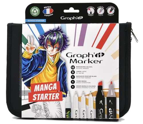 GRAPH’IT Marker trousse Essentiels Manga de 12 marqueurs à alcool double pointe pour dessin de manga et illustration, pointe fine et biseautée +3 liners noirs +1 marqueur blanc +1 trame manga A6