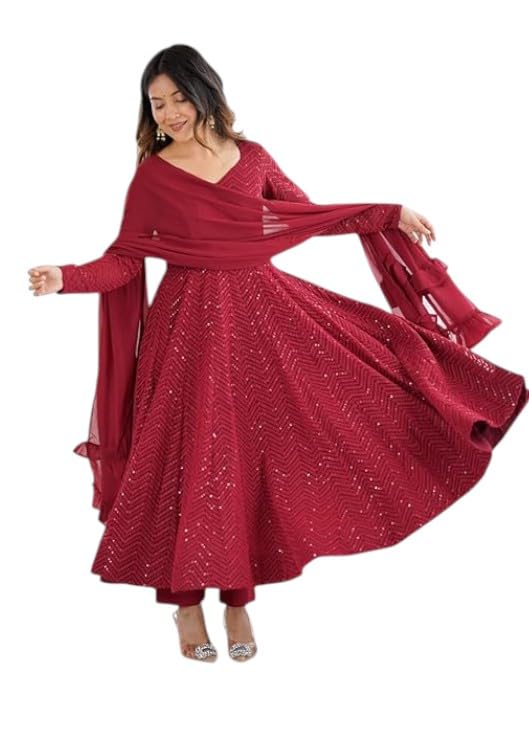Image of Elegant Maroon Anarkali Gown Crafted in Heavy Fox Georgette with Lucknowi Sequence Work, Full Sleeves, Kali Cut Flare, Ruffle Dupatta and Stitched Cotton Pant