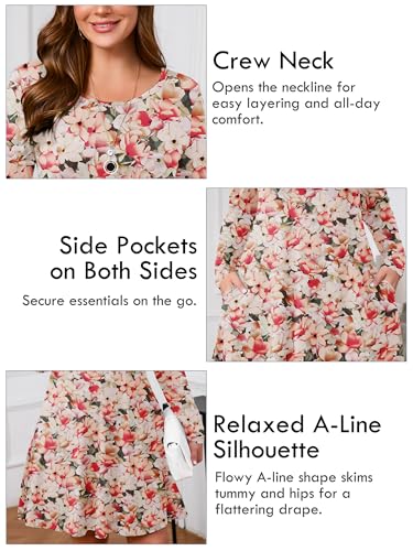Image of AusLook Women's Plus Midi Dress Long Sleeve Crew Neck A-Line Swing Flowy Vacation Fall Wedding Guest Dresses with Pocket 1-5X