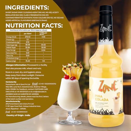 Image of Zone Pina Colada Flavoured syrup 1000ml | Exotic Coconut Pineapple Syrup & Drink Mixer for Cocktails, Mocktails, Smoothies, Milkshakes, Iced Coffees & Tropical Beverages | More Servings, Perfect For Cafe Restaurants & Professional Use |