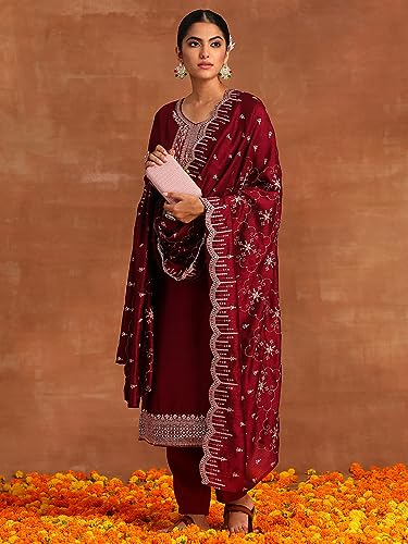Image of INDO ERA Silk Blend Women's Embroidered Straight Kurta Trouser With Dupatta Set