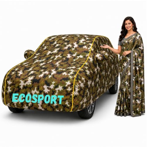 Image of Waterproof Car Body Cover for Ecosport All Weather Protection Comes with Inner Cotton Lining & Triple Stitched with Mirror & Antenna Pocket Belt & Elastic Fit Army with Yellow Piping