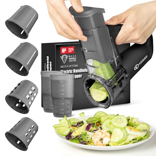 KEOUKE Electric Vegetable Slicer Handheld Cordless Salad Shooter One Touch Easy Control Rotary Grater Vegetable Shredder with Ice Shaving Blade, 4 Blades, Dual Storage Cups, Upgraded Safety, Black