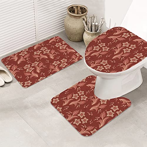 Badematte Badvorleger Set 3-tlg. Teppich, Spitze rot antik Blumenmuster abstrakt Damast arabisch Barock Bordüre Kurve De…