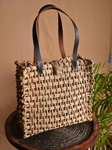 Image of KADAM HAAT Women Handmade Sabai Grass Lunch Bag with Leather Handle, Dry Grass Tiffin Bag for Lunch and Bottle for Office & School Eco-Friendly, Handcrafted (Beige)