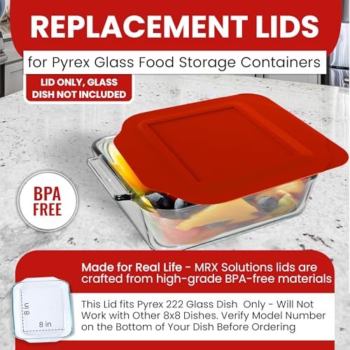 Replacement Lid fits Pyrex 2-Quart 8" x 8" Glass Baking Dish #222, Compatible with Lid #222-PC, Food Storage Container Cover with Flush Tab Handles (Red) by MRX Solutions - Image 5