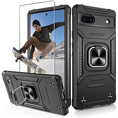 Jshru for Google Pixel 6A Case,[Military Grade Protection] Pixel 6A Anti-Scratch and Shockproof Cover with Screen Protector,Armour Ring Kickstand Case for Google Pixel 6A,Black Cover