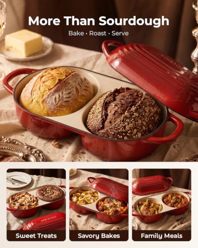 Image of Sourdough Bread Baking Kit with Double Loaf Cast Iron Bread Pan, Red | Bakes two mini loaves at once with banneton proofing baskets included