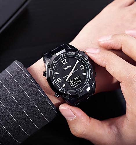 SKMEI Dual Time Gadget Watch Pedometer Stopwatch Countdown Alarm Compass Stainless Steep Strap, Black - Image 4