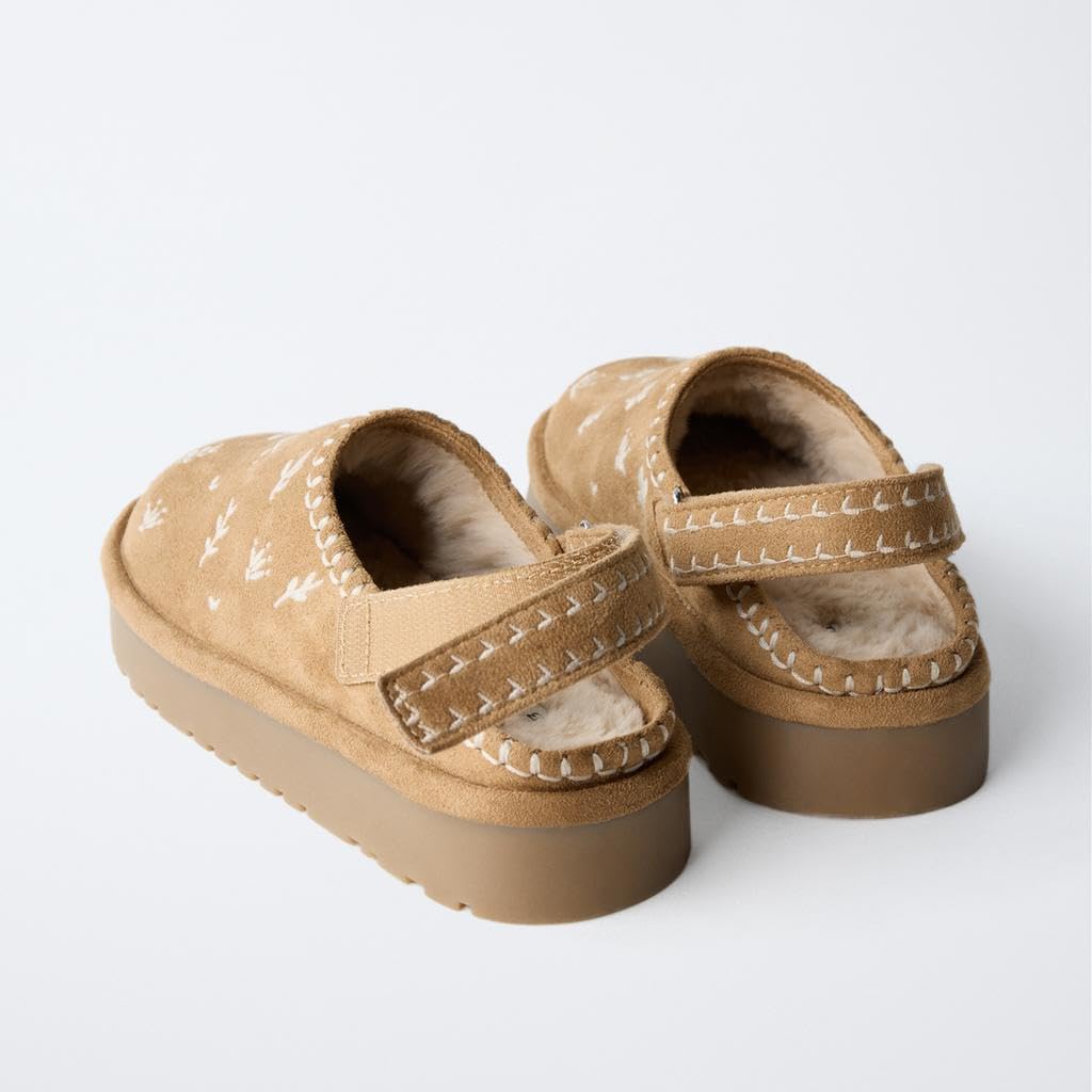 Women's Cozy Fur Embroidered Platform Clogs with Slingback Strap Mules Comfortable Casual Shoes