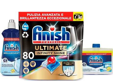 Finish Kit Lavastoviglie, Finish Ultimate Infinity Shine Pastiglie Lavastoviglie Al Limone 80 Lavaggi, Brillantante Lemon 500Ml, Curalavastoviglie Lem