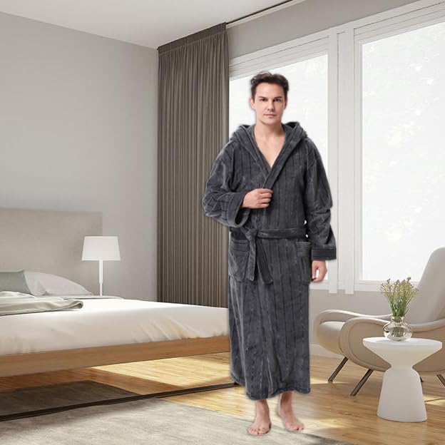 KEMUSI Hooded Herringbone Men's Soft Spa Full Lenght Bathrobe,Comfy Full Length Warm Nightdress - Image 6