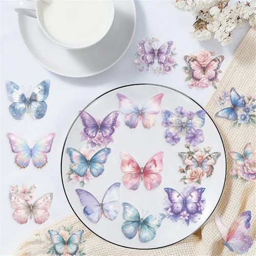 Image of 50 Butterfly Stickers, PET Waterproof Transparent Colorful Resin Decals Self-Adhesive Scrapbooking Stickers Supplies Journal Stuffers for Adult Card Making Letters DIY (Butterfly)