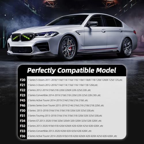 Image of AggAuto Compatible with BMW Grille Inserts Stripes for 1 /2 /3 /4 /5 Series (F20 F21 F22 F23 F30 F31 F32 F33 F34 F36 F45 F46) 2011-2021, 328i /320i / Grill Insert Accessories Fluorescent Green V Brace Cover
