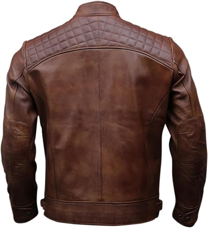 Image of Men's Leather Jacket Cafe Racer Biker Style Retro Stripes Jacket, Motorcycle Racing Leather Jacket Men
