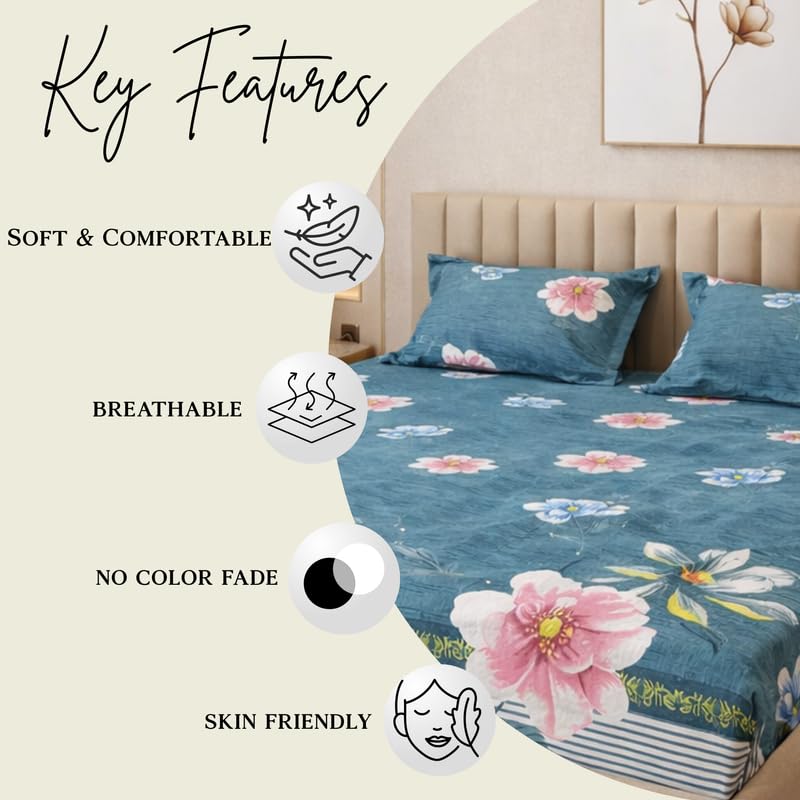 Image of THEA Elastic Fitted Double Bedsheet Set| 100% Cotton Like Soft Fabric | Double Bedsheet for Double Bed (72 X 78 x 6 inches) with 2 Pillow covers,Royal Teal Flora