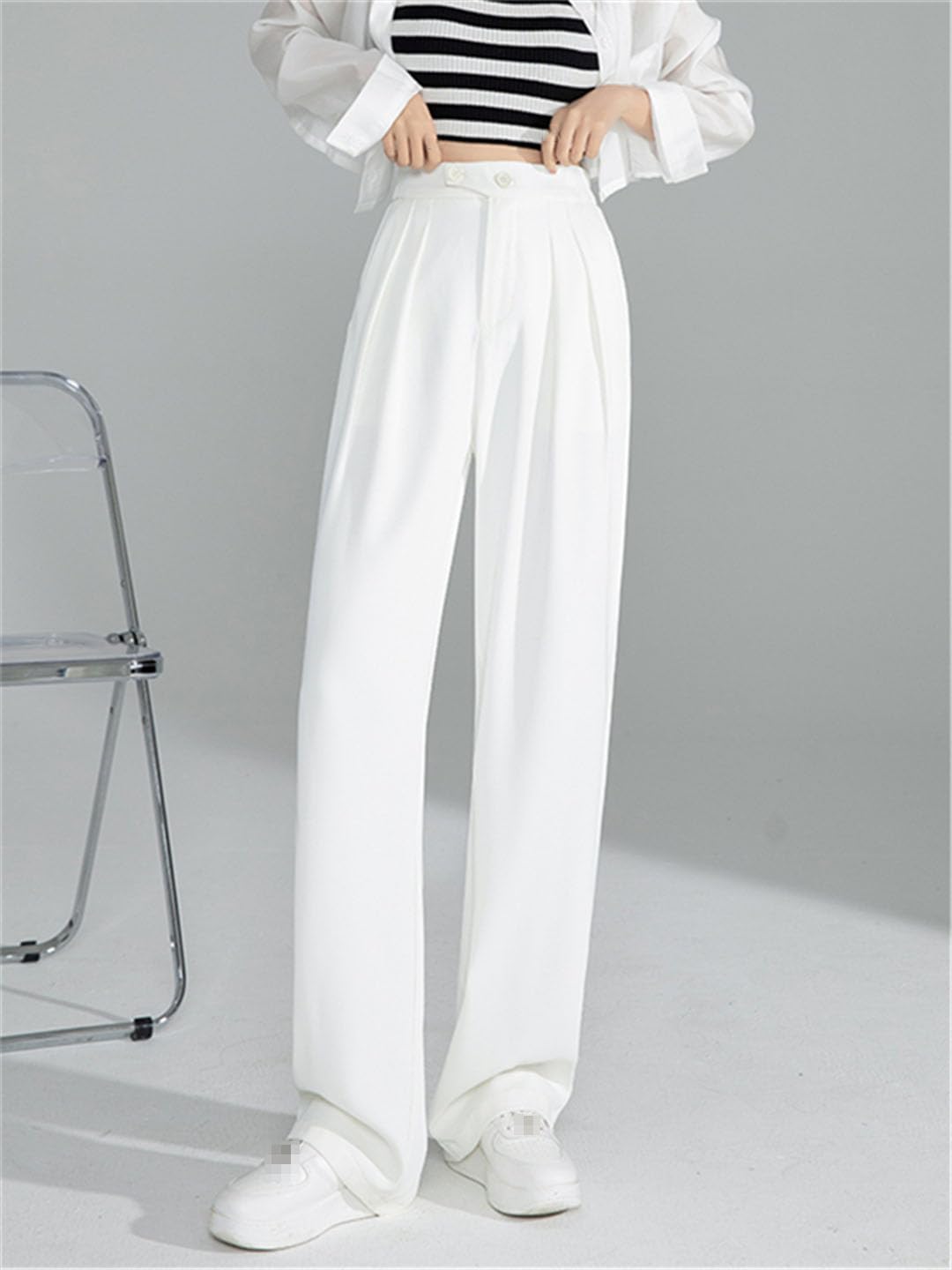 Ownwfeat Pantaloni A Gamba Larga A Vita Alta da Donna Pantaloni Larghi Dritti con Bottoni