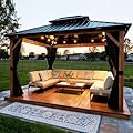 PURPLE LEAF 10' X 12' Hardtop Gazebo Outdoor Wood Grain Aluminum Frame Galvanized Steel Double Roof Gazebos with Lights for Patio Deck Backyard Garden