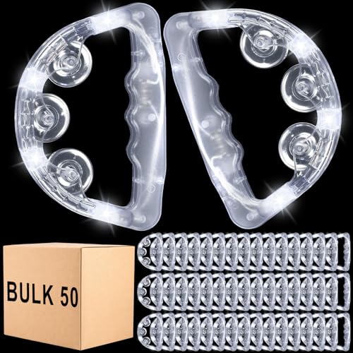 50 Pack LED Light up Tambourines with Flashing Lights Tambourine for Adults Glow in The Dark Half Moon Handheld Percussion Musical Instrument for Weddings Dance Floor Props(White Lights)