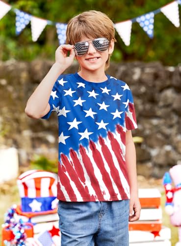 Image of BesserBay Unisex Kids 4th of July American Flag Tee Tie Dye Patriotic Short Sleeve Shirt 6-14 Years