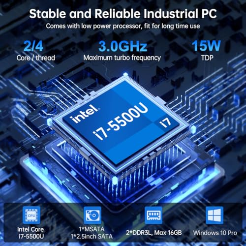 Image of msecore Fanless PC, Mini Computer with Core i7-5500U, 8G RAM 256G SSD Industrial PC, Dual NIC, 2*COM RS232, Support 4G Module /SIM, Wi-Fi, 1*HDMI 1*VGA, Windows 10 Pro