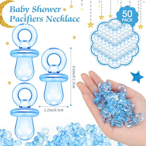 Image of Thyle 51 Pcs Over The Moon Pacifier Hunt Baby Shower Games Include Navy Blue Starry Night Hunt Sign and Acrylic Pacifiers Moon Theme Baby Shower Game Decoration Gift Sets for Gender Reveal Party Decor