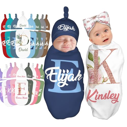 Image of Capmome Swaddle and Hats Custom Baby Blankets for Girls Boys Blankets Baby Gifts Personalized Baby Items (Initial Style)