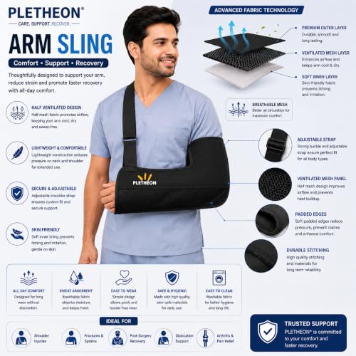 Image of PLETHEON Arm Sling for Arm & Shoulder Support, Adjustable Forearm Sling for Fracture, Injury & Post Surgery Recovery, Breathable & Lightweight, Black, Neoprene (ADULT)